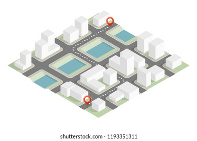 Isometric City map navigation route, point marker delivery van, vector drawing itinerary delivery car, city plan GPS navigation itinerary destination arrow city map. Route delivery check point graphic