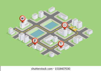 Isometric city map navigation, taxi point markers background, vector isometry town schema, 3D simple city plan GPS navigation, final taxi destination arrow city map. Route delivery check point graphic