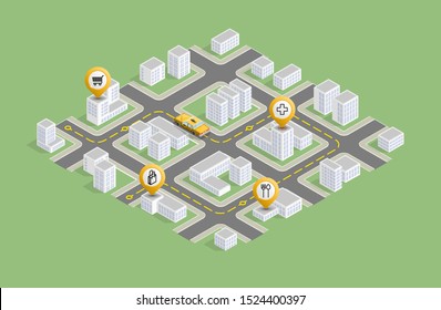 Isometric city map navigation, taxi point markers background, vector isometry town schema, 3D simple city plan GPS navigation, final taxi destination arrow city map. Route delivery check point graphic