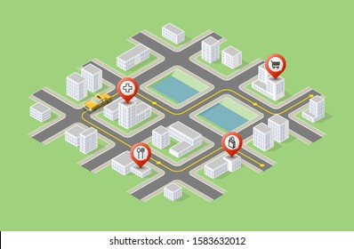 Isometric city map navigation, taxi point markers background, vector isometry town schema, 3D simple city plan GPS navigation, final taxi destination arrow city map. Route delivery check point graphic