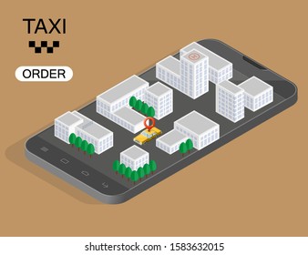 Isometric city map navigation, taxi point markers background, vector isometry town schema, 3D simple city plan GPS navigation, final taxi destination arrow city map. Route delivery check point graphic