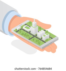 Mapa urbano isométrico en la iluminación vectorial de la pantalla del teléfono móvil, mano hombre sostiene smartphone con navegador de carreteras 