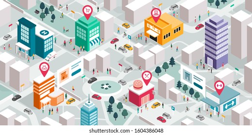Isometric city map with people, buildings and pin pointers: promote your local business and GPS navigation concept