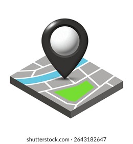 Isometric city map and map pin. Vector illustration isolated on white background.