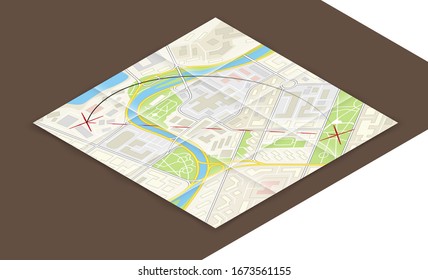 Isometric city map, point markers background, 3D simple city plan GPS navigation, final destination arrow paper city map