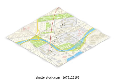 Isometric city map, point markers background, 3D simple city plan GPS navigation, final destination arrow paper city map