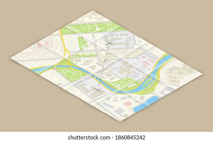 Isometric city map, point markers background, 3D simple city plan GPS navigation, final destination arrow paper city map