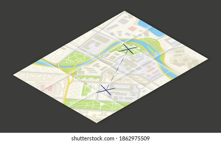 Isometric city map, point markers background, 3D simple city plan GPS navigation, final destination arrow paper city map, 3D illustration