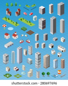 Isometric City Map Road, Trees And Building Home Elements Set Isolated Vector Illustration.