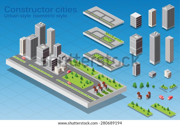 Isometric city map road, trees and building\
home elements set isolated vector\
illustration.