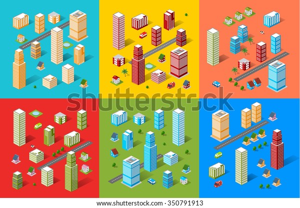 Isometric city map road, trees and building\
home elements set isolated vector\
illustration.