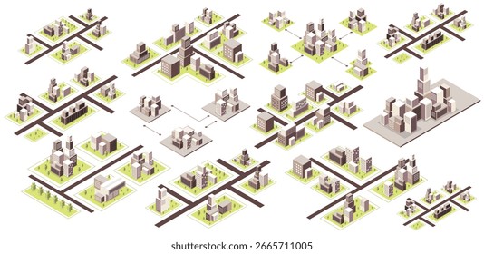 Mapa isométrico de la ciudad con edificios de carreteras y áreas verdes para proyectos de diseño urbano