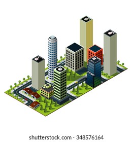 Isometric city map. Set of buildings in downtown. Crossroads and markings illustration. 