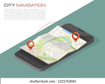 Isometric City map smartphone navigation, Isometry phone point marker, vector schema isometric city plan GPS navigation tablet, itinerary destination arrow paper city map. Route isometric check point