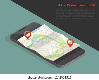 Isometric City map smartphone navigation, Isometry phone point marker, vector schema isometric city plan GPS navigation tablet, itinerary destination arrow paper city map. Route isometric check point