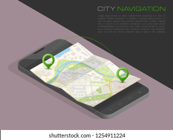 Isometric City map smartphone navigation, Isometry phone point marker, vector schema isometric city plan GPS navigation tablet, itinerary destination arrow paper city map. Route isometric check point