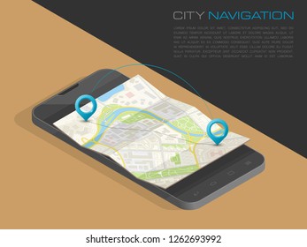 Isometric City map smartphone navigation, Isometry phone point marker, vector schema isometric city plan GPS navigation tablet, itinerary destination arrow paper city map. Route isometric check point