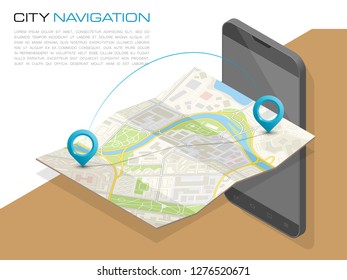 Isometric City map smartphone navigation, Isometry phone point marker, vector schema isometric city plan GPS navigation tablet, itinerary destination arrow paper city map. Route isometric check point