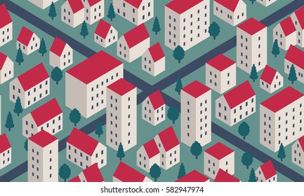 Isometric city map top view landscape with different buildings and roads. Vector seamless pattern.