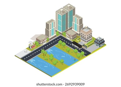 Mapa isométrico da cidade, área urbana com rio no centro da cidade, conceito de negócios. Ilustração em 3D vetorial do horizonte da cidade, localização de arranha-céus e estradas.