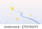 Isometric city map with yellow location pin and delivery tracking points on blue route. Vector illustration.