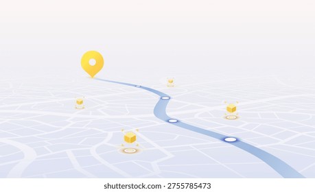 Isometric city map with yellow location pin and delivery tracking points on blue route. Vector illustration.