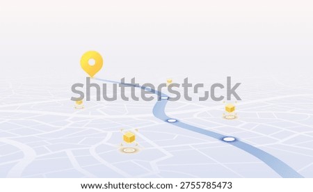 Isometric city map with yellow location pin and delivery tracking points on blue route. Vector illustration.