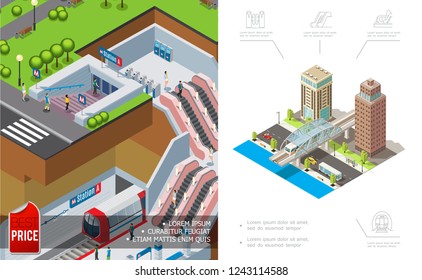 Isometric city metro concept with underground modern buildings and vehicles moving on road vector illustration