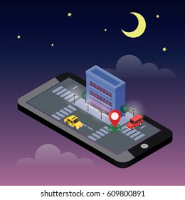 Isometric city. Mobile geo tracking. Map. City building and traffic. Geo positioning. Navigator. Moonlight night
