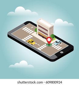 Isometric city. Mobile geo tracking. Map. City building and traffic. Geo positioning. Navigator