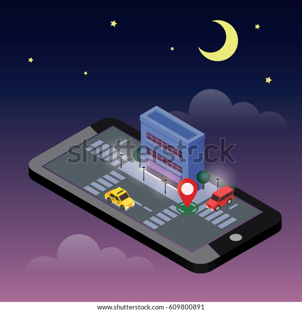 Isometric city.\
Mobile geo tracking. Map. City building and traffic. Geo\
positioning. Navigator. Moonlight\
night