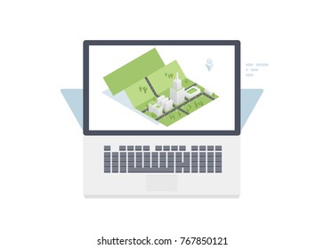 Isometric city model, laptop computer with city map on screen, 3d modeling and design concept, town infrastructure developing vector illustration isolated on white background 