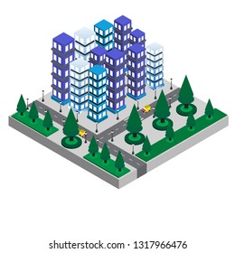 Isometric city modern building and intelligent of desigh with green tree, car and light on the street vector illustration template
