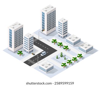 Isometric city with modern buildings, streets, trees covered by snow, and a van driving on the road during winter time