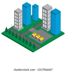 Isometric city modern design of 3D building with intelligent apartment of street, car and tree vector illustration template