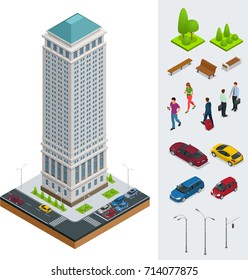 Isometric City Modern Flat Buildings. Financial District. Set Of Vector Tall Building, Trees, Benches, Businessman, Cars On A White Background