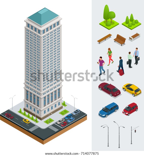 Isometric City modern flat buildings.\
Financial district. Set of vector tall building, trees, benches,\
businessman, cars on a white\
background