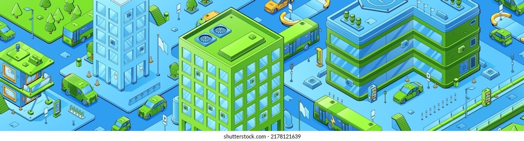 Isometric city, modern metropolis town with skyscraper buildings, transportation, business center, mall and residential area. Taxi cars and commuter transport on street 3d vector line art illustration