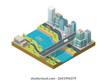 Isometric city with modern skyscraper buildings and beautiful big river delta and elevated highway