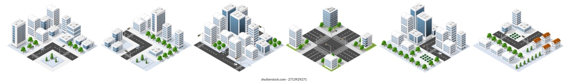 Módulo de ciudad isométrica creando infraestructura urbana y desarrollo residencial. Arquitectura moderna para el concepto de planificación urbana