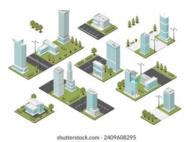 Isometric city modules. Modern suburbs, urban construction plan. Various districts with parks and public zones, architecture projects flawless vector set