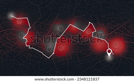 Isometric City Navigation and GPS map. Vector Illustrations of Urban Districts, Roads. Closed area, district. Location tracks dashboard. Pin location signs. Destination tag or mark. Red Sign.