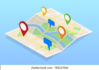 Isometric City Navigation Map With Pins Or Gps Map, Cityscape. Vector Illustration