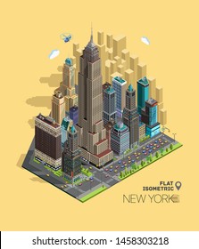 Isometric city, New York concept office buildings, parks, cafe, landmarks, skyscraper, street. Vector 3d top view