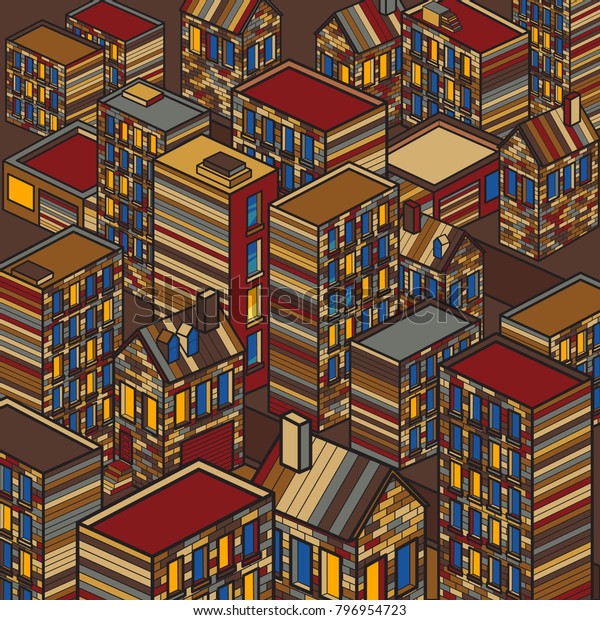 Isometric\
city in not real color, vector cartoon isometric line art\
illustration, buildings, houses and\
streets
