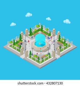 Isometric City Park. Active People Outdoors. Walking Woman Urban Scene with Fountain. Vector flat 3d illustration