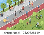 Isometric city park activities. People walking outdoor, riding bicycle, reading on bench and having picnic. Weekend recreation, flawless vector scene