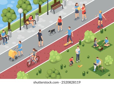 Isometric city park activities. People walking outdoor, riding bicycle, reading on bench and having picnic. Weekend recreation, flawless vector scene