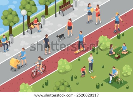 Isometric city park activities. People walking outdoor, riding bicycle, reading on bench and having picnic. Weekend recreation, flawless vector scene