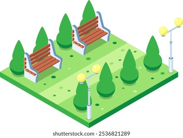 Isometric city park with benches, street lamps, and manicured shrubs showing a peaceful place to relax